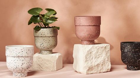 New to Bunnings stores..... Funnel Planter, Terrazzo Planter, Black Terrazzo, Spring Planter, Terrazzo Design, White Terrazzo, Water Tray, Milk Shop, Home Decor Online