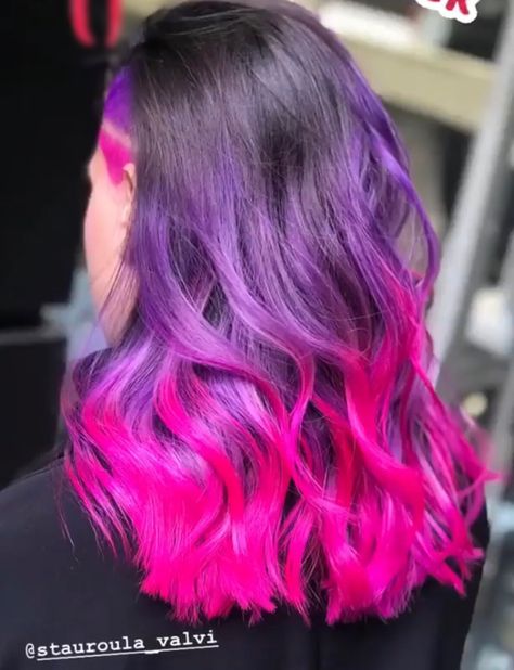 Black Purple Pink Ombre Hair, Pink And Lavender Hair Dark Roots, Dark Purple To Pink Ombre Hair, Pink And Purple Balayage Brunette, Purple And Pink Balayage, Black Pink Purple Hair, Purple Pink And Black Hair, Purple Pink Balayage, Pink And Purple Hair Ombre