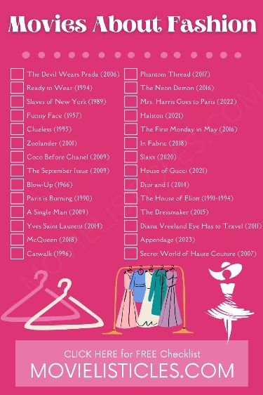 Movies For Fashion Designer, Fashion Design Movies, Movie About Fashion, Girly Movies List, Shows You Need To Watch, Fashion Movies To Watch List, Movie Lists To Watch, Comedy Series To Watch, Best Movie List Fashion Movies To Watch, Movies About Fashion, Movie Checklist, Text Messages Funny, Movies To Watch List, Netflix Shows To Watch, Fashion Documentaries, Best New Movies, Messages Funny