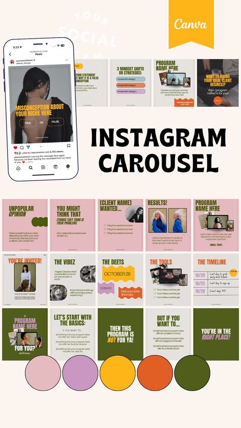 Need help designing an Instagram Carousel? This pack of Instagram Carousel Canva templates comes with 7 different designs so you can create Instagram content in minutes!! Not only are these templates designed beautifully, but they can be customized for any brand! Carousel Ideas For Instagram, Infographic Carousel Design, Create Instagram Content, Instagram Infographic, Carousel Ideas, Media Branding Design, Instagram Feed Planner, Folder Templates, Instagram Carousel