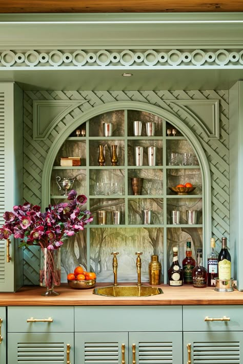 chenault james mint green bar Green Cabinet Wet Bar, Home Alcohol Display, Green Wet Bar, Party Basement, Mint Green Kitchen, Wine Cave, Green Bar, English Room, Cocktail Lounge