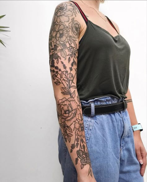 Flower Half Arm Sleeve Tattoo, Floral Black Tattoo Sleeve, Floral Sleeve Women Tattoo, Women’s Floral Tattoo Sleeve, Tasteful Sleeve Tattoos For Women, Floral Patch Sleeve Tattoo, Floral Tattoo Sleeve Forearm, Floral Piece Tattoo Arm, Earthy Arm Sleeve Tattoo