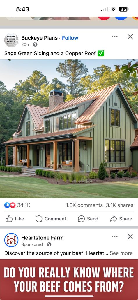 Navy Blue Homes Exterior, Copper Metal Roof Farmhouse, Metal House Color Schemes, Copper Roof White House, House With Brown Metal Roof, Brown Metal Roof Houses Color Schemes, Copper Roof House Exterior Colors, Tan Roof House Colors, Metal Building Colors Schemes