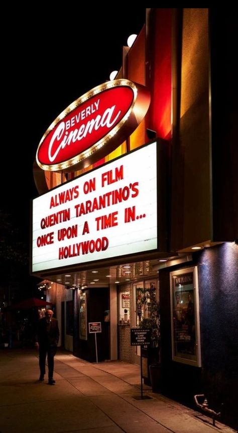 Once Upon A Time Hollywood Aesthetic, Once Upon A Time In Hollywood, Eddie Bloomberg, Cinema Building, New Beverly Cinema, Los Angeles At Night, Hollywood Vibes, Retro Architecture, Arthouse Movies