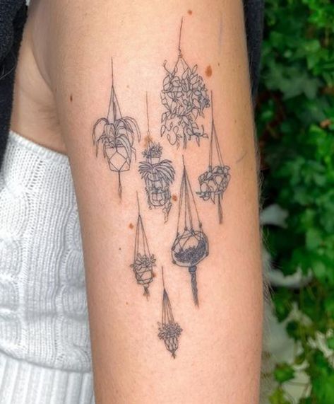 Hanging Herbs Tattoo, Hanging Basket Tattoo, Spider Plant Tattoo, Hanging Plants Tattoo, Pothos Tattoo Design, Harry Potter Plant Tattoo, Hanging Tattoo, Hanging Plant Tattoo, Pothos Sleeve Tattoo