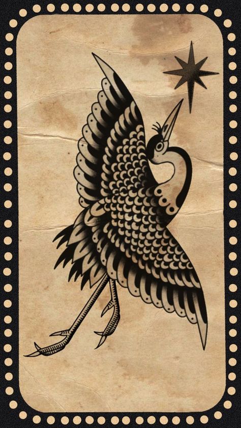 Old School Back Piece Tattoo, Crane American Traditional Tattoo, Traditional Animal Tattoo Black, Heron Tattoo Traditional, Traditional Tiger Tattoo Black And Grey, Tiger American Traditional Tattoo, Old School Tiger Head Tattoo, Heron Tattoo, Ink Tattoo Design