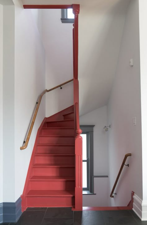 Red Stairs Painted, Victorian Bannister, Burgundy Staircase, Victorian Stairwell, Victorian Handrail, Colourful Staircase, Painted Banister Ideas, Coloured Stairs, Orange Stairs