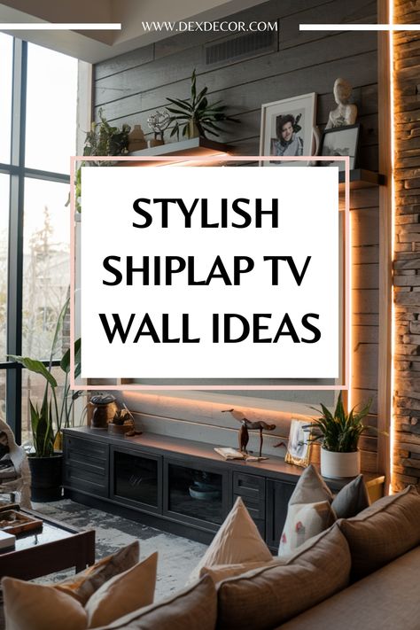 Stylish living room with shiplap TV wall, shelves, and decor items. Living Room Wooden Accent Wall, Living Room Accent Wall Shiplap, Bead Board Tv Wall, Shiplap Wall Tv Room, Rustic Shiplap Wall Living Room, Accent Walls For Small Living Rooms, Shiplap Tv Wall With Cabinets, Tv Wall With Shiplap, Focus Walls Living Room