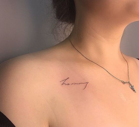 #tattoo #smalltattoo #harmony Word Tattoos Collar Bone, Harmony Tattoo Words, Collarbone Small Tattoo, Harmony Tattoo Ideas, Collarbone Word Tattoo, Collarbone Tattoo Words, Collarbone Tattoo Ideas, Family Disappointment, Joy Tattoo