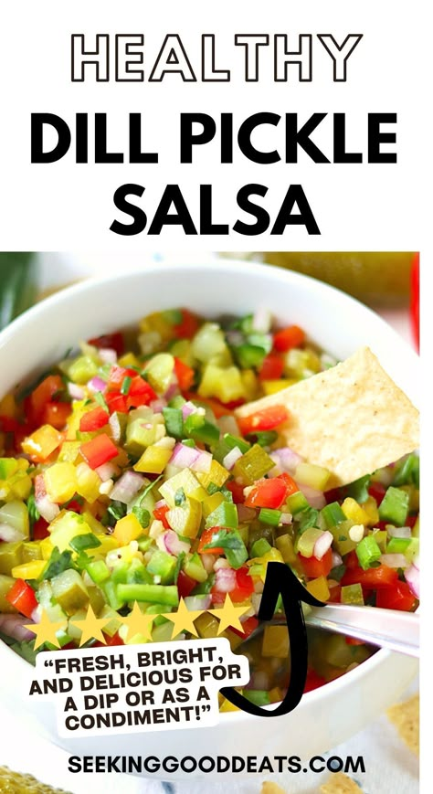 This dill pickle salsa, aka pickle de Gallo, is your new favorite dip or food "accessory." It's packed full of crunch from dill pickles, sweet red bell pepper, and onions—balanced with a tanginess from lime and pickle juice! It's perfect as a dip or a topping for brats or burgers, pulled pork sandwiches, or grilled chicken and pork. Bonus: it's low-calorie, plant-based, low-carb, and keto-friendly, too! Dill Pickle Salsa Recipe, Dill Pickle Salsa, Pickle Salsa, Pepper And Onions, Bbq Pulled Pork Recipe, Dill Pickle Recipe, Pickle Lover, Pulled Pork Sandwiches, Pork Sandwiches