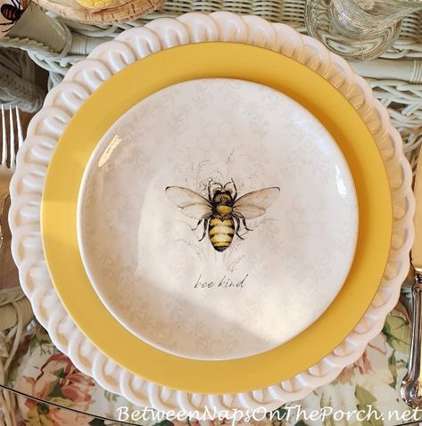 Celebrating Our Early Spring Weather With A Bee-Themed Table Setting – Between Naps on the Porch Bee Plates, Honey Bee Theme, Dining Room Table Settings, Bee Napkins, Old Time Pottery, Spring Table Settings, Honey Bee Decor, Bee Skep, Beautiful Tablescapes