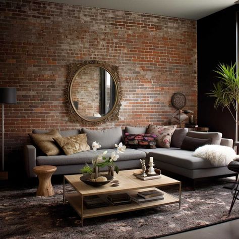 Brick Tile Wall Living Room, Small Living Room Brick Wall, Red Brick Interior Living Rooms, Brick Feature Wall Living Room, Rooms With Brick Walls, Brick Accent Wall Living Room, Exposed Brick Walls Living Room, Red Brick Living Room, Brick Wall Living Room Ideas