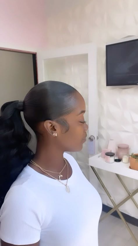 Mid Ponytail With Wand Curls June Books Are Open ✨ | Instagram Middle Part Short Ponytail Black Women, Mid Part Ponytail Sleek, Mid Back Ponytail Weave, Mid Rise Ponytail, Slick Back Extended Ponytail, Slick Back Mid Ponytail, Curled Ponytail Black Women, Low Ponytail With Middle Part, Mid Back Ponytail