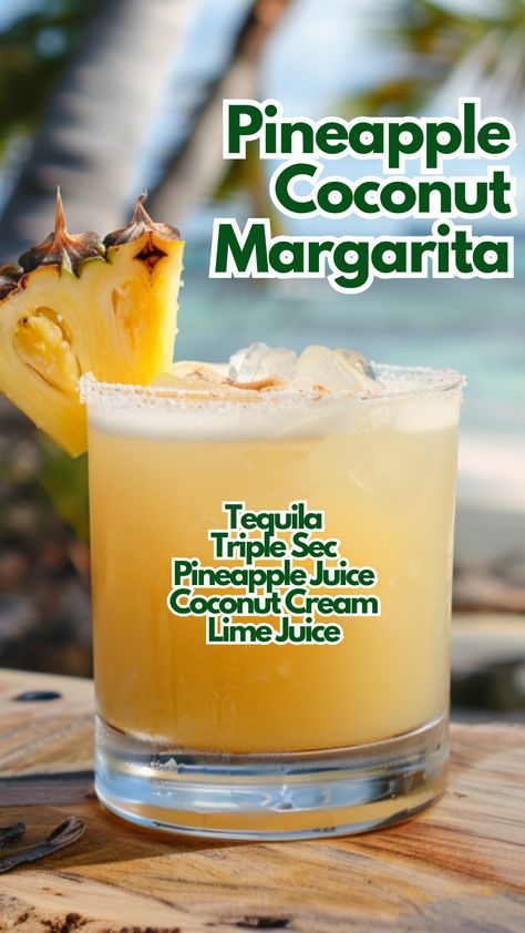 When it comes to refreshing cocktails, a Pineapple Coconut Margarita tops the list. The blend of tequila and Triple Sec pairs perfectly with the tropical notes of pineapple juice and cream of coconut, while lime juice adds a zesty kick. This drink is both smooth and tangy, making it a crowd favorite. #pineapplecoconutmargarita via @mybartender Pineapple Cream Margarita, Pineapples And Cream Margarita, Jalapeño Coconut Margarita, Drinks With Cream Of Coconut, Pineapple Mixed Drinks, Cream Of Coconut Drinks, Tropical Drinks Recipes Alcohol, Coconut Drinks Alcohol, Pineapple Coconut Margarita