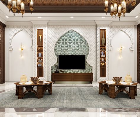 Islamic Majlis on Behance Marrocan Interiors, Islamic Majlis, Moroccan Dining Room, Arabic Interior Design, Islamic Interior Design, Modern Restaurant Design, Arabic Decor, Drawing Room Interior Design, Mosque Design