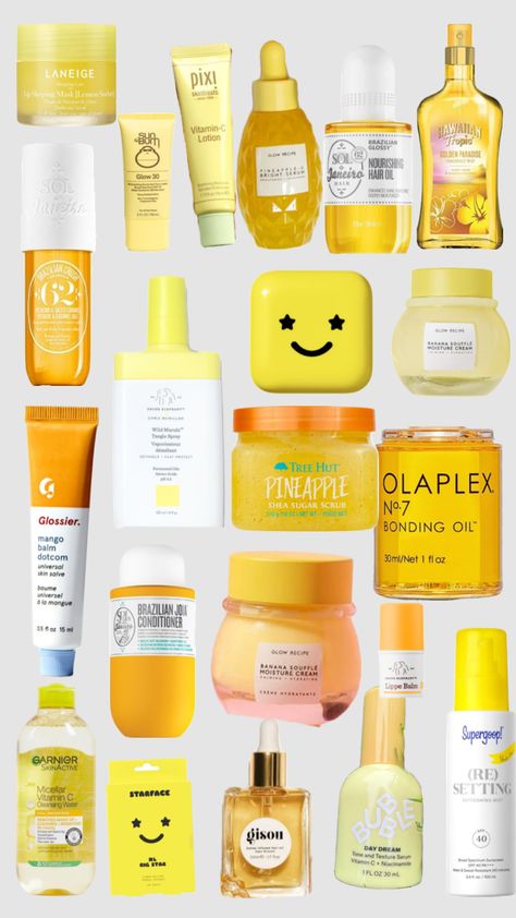 #yellow #skincare #yellowskincare #beauty Yellow Beauty Products, Orange Skin Care Aesthetic, Orange Skincare Aesthetic, Yellow Skincare, Preppy Yellow, Orange Skincare Products, Yellow Stuff, Balm Dotcom, Aesthetic Board