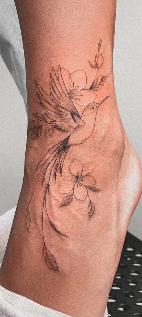 Ankle Tattoo Hummingbird, Hummingbird Tattoos For Women With Flowers, Bird And Flower Ankle Tattoo, Hummingbird Tattoo On Ankle, Bird Ankle Tattoos For Women, Lily And Bird Tattoo, Delicate Animal Tattoo, Bird Foot Tattoo, Hummingbird Ankle Tattoo