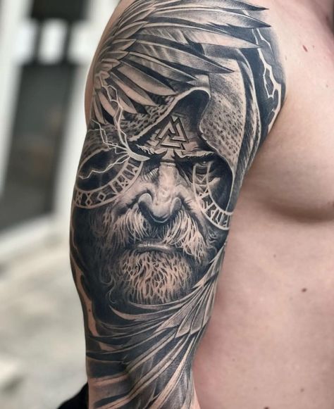 Viking Tattoo Odin Valknut Tattoo On Bicep Norse Mythology Tattoo Forearm, Viking Style Tattoo Norse Mythology, Viking Odin Tattoo, Til Valhalla Tattoo, Thor Tattoo Norse Mythology, Tyr Tattoo Norse Mythology, Shieldmaiden Tattoo, Tattoo On Bicep, Valknut Tattoo