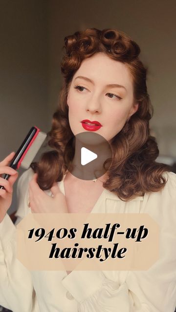 Dahlia • Vintage Fashion & Beauty on Instagram: "1940s half-up hairstyle 🤎 I like the asymmetrical look of this #vintagehairstyle and the fact that it keeps your hair out of your face.

Thank you @laurenrennells for the inspiration to try this #1940shair look. Rather than a swoop on one side I did a few victory rolls instead because why not? 🙂 

How to, part 1
1. Section out the front section of hair (where your bangs would be) and clip the rest out of the way. We curl this section first so it has the longest time for curls to set.
2. Curl the front section using a 1-inch wand, curling up toward your crown and away from your face. Clip curls into place with double prong curl clips.
3. Repeat until all of your hair has been curled and clipped.
4. Allow curls to cool. I usually use this ti 1940s Half Up Half Down Hair, 1940s Hair With Bangs, Victory Rolls With Bangs, Long 1940s Hair, Easy Vintage Hairstyles For Long Hair, 1940s Bangs, Vintage Half Up Half Down Hair, 1940s Hairstyles Tutorial, 60s Curly Hair