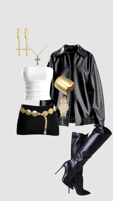 All Black Outfit With Gold Accessories, Black And Gold Outfit Aesthetic, Maluma Concert Outfit Ideas, Black Golden Outfits, Black White And Gold Outfit, Black And Gold Outfit Parties, Y2k Gold Outfits, Gold And Black Outfits Women, Glam Outfits Party Night Out