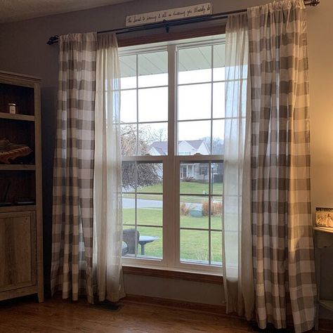 Farmhouse Curtains Living Room, Buffalo Plaid Curtains, Tan Curtains, Farmhouse Living Room Curtains, Taupe Curtains, Cabin Curtains, Buffalo Check Curtains, Farmhouse Window Treatments, Check Curtains