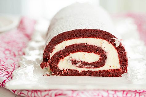 Red Velvet Roll Cake with White Chocolate-Cream Cheese Filling | Brown Eyed Baker Red Velvet Roll Cake, Red Velvet Roll, Red Velvet Cake Roll, Seventeenth Birthday, Cake Liner, Cake Roll Recipes, Peanut Butter Roll, Red Cake, Chocolate Cream Cheese