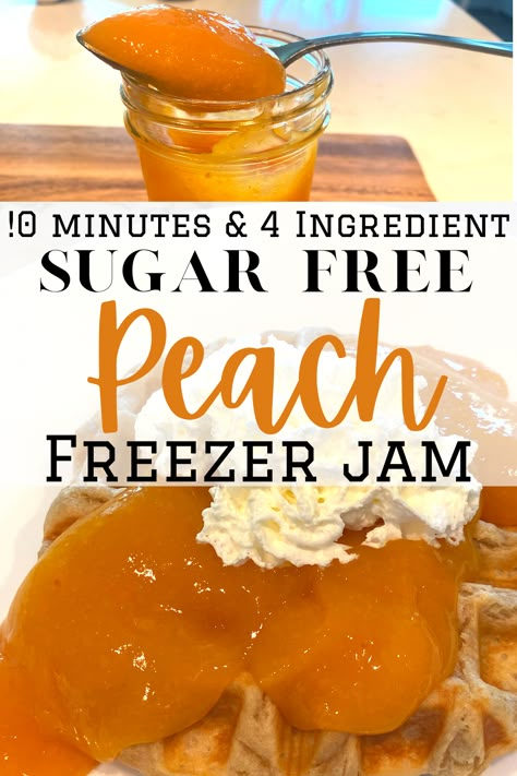 The easiest and healthiest and best tasting Sugar Free Peach Freezer jam! This is a No Pectin, No Sugar, No cook recipe that only takes 10 minutes to make and lasts years in the freezer! #peachfreezerjam #sugarfreepeachjam #sugarfreepeachfreezerjam Peach Freezer Jam Low Sugar, Peach Canning Recipes No Sugar, Peach Freezer Jam Easy, Peach Freezer Jam Recipe No Pectin, Sugar Free Peach Jam Recipe, Sugar Free Peach Jam, Sugar Free Freezer Jam, Raspberry Freezer Jam Recipe, Peach Jam Recipe Without Pectin