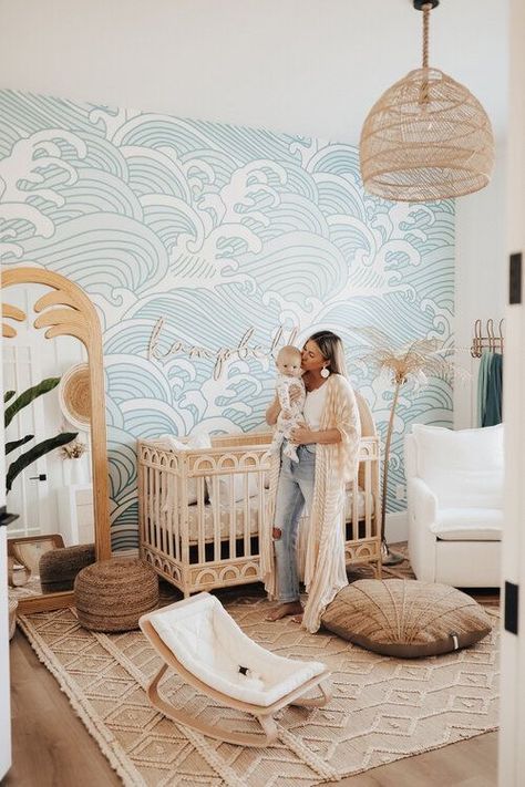 Krista Horton House, Plant Wall Nursery, Under The Sea Nursery Rug, Nursery Theme Ocean, Gender Nuetral Pallete Nursery Boho, Boho Beach Nursery Boy, Summer Nursery Theme, Hawaii Theme Nursery, Beachy Boho Nursery