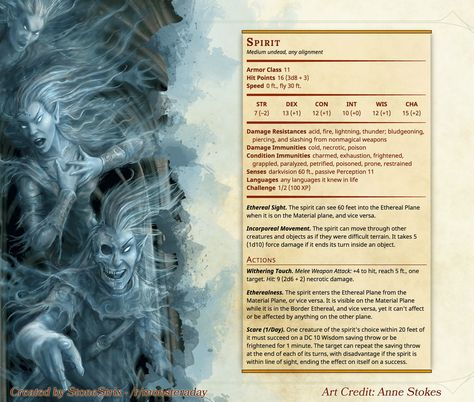 Spirit Dnd Statblocks, Dnd Enemies, 5e Monsters, Witcher Monsters, Dnd Stats, Dnd Homebrew, Fantasy Ideas, Dungeons And Dragons 5e, D D Monsters