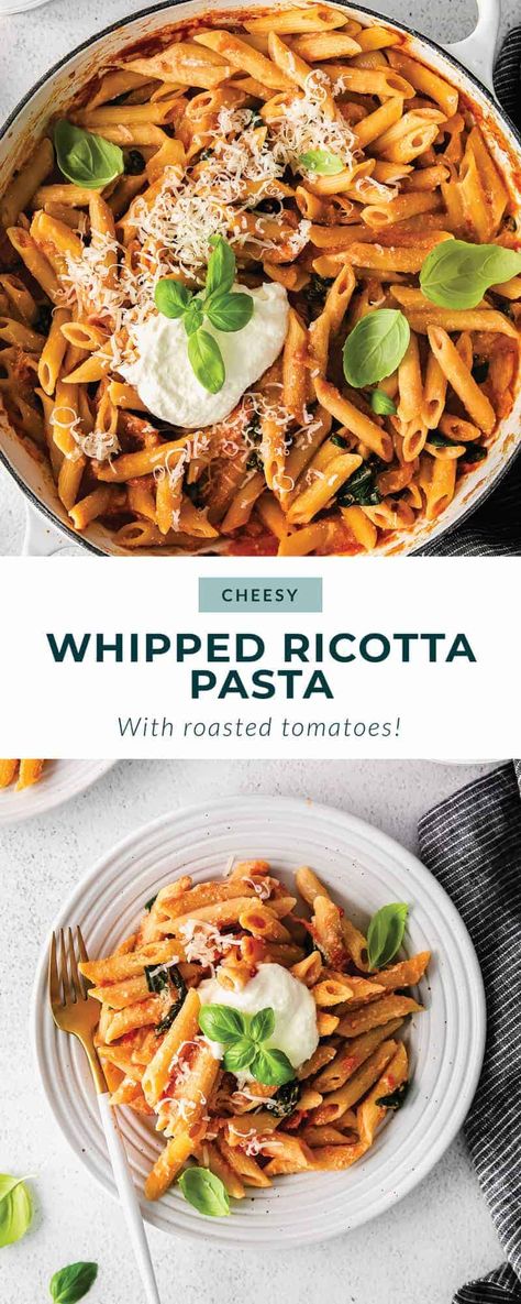 The most delicious whipped ricotta pasta made with roasted tomatoes and garlic will have your family wanting seconds! Pasta With Tomato Paste, Ricotta Pasta Sauce, Roasted Tomatoes And Garlic, Pasta With Roasted Tomatoes, Whipped Ricotta Recipe, Pine Nuts Pasta, Ricotta Pasta Bake, Ricotta Pasta Recipes, Balsamic Pasta