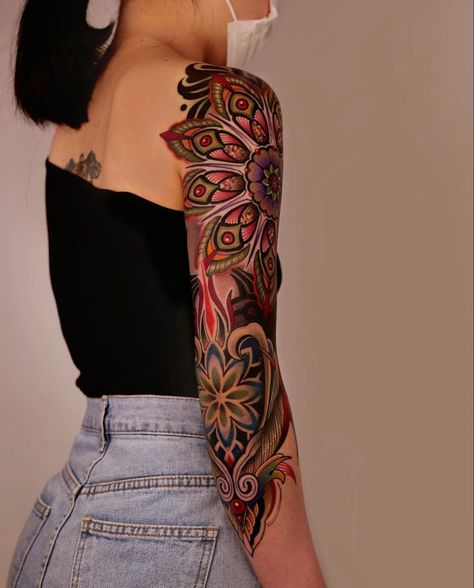 Color Mandala Tattoo Sleeve, Colorful Mandala Tattoo, Tatuaje Studio Ghibli, Rip Tattoos For Mom, Gotik Tattoo, Geometry Tattoo, 4 Tattoo, Floral Tattoo Sleeve, Leg Tattoos Women