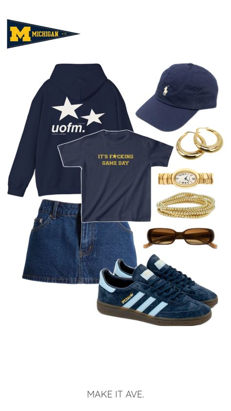 Michigan game day outfit, university of Michigan outfit. But the trendy blue and yellow baby tee and the oversized star u of m hoodie through the link in our profile. Be and yellow, blue and maiz, Michigan, Michigan gameday outfit, college outfit inspiration, back to school outfit, tailgate outfit Michigan Game Day Outfit, Michigan Outfit, Gameday Outfit College, Michigan Game Day, College Outfit Inspiration, College Gameday Outfits, Outfit College, U Of M, Tailgate Outfit