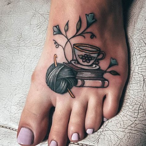 Crochet Tattoo Ideas, Yarn Tattoo, Knitting Tattoo, Sewing Tattoos, Crochet Tattoo, Empowering Tattoos, Bookish Tattoos, Women Knitting, Ankle Tattoos For Women