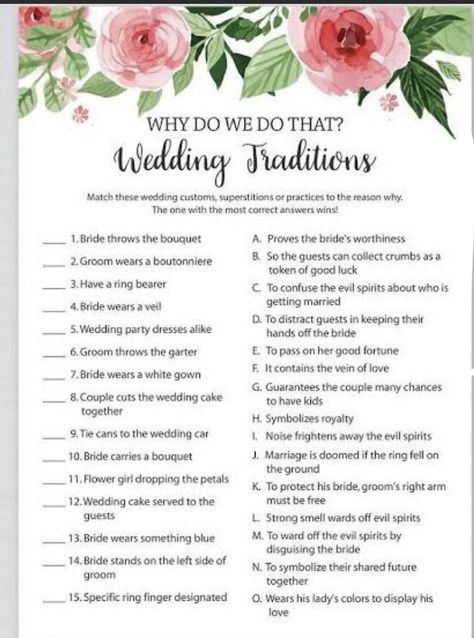 Wedding Traditions Game, Wedding Rules, Bridal Shower Games Printable, Wedding Planning On A Budget, Bridal Shower Printables, Wedding Traditions, Wedding Budget, Games Printable, Printable Game