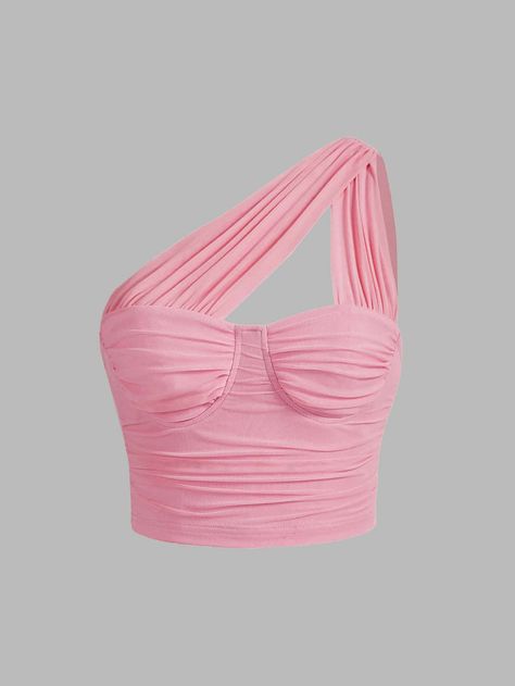 Pink Tops For Women, Pink One Shoulder Top, One Shoulder Shirt, Preppy Tops, Ruched Crop Top, Belly Shirts, Preppy Jewelry, Dressing Sense, Senior Picture Outfits