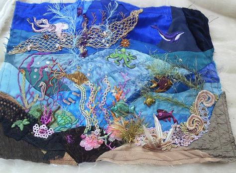 Mostly about needlework: quilting, crazy quilting, embroidery, designing, silk ribbon embroidery, beading, w/ free tutorials & embroidery charts. Ocean Textiles, Stump Embroidery, Beaded Quilts, Mermaid Model, Nautical Embroidery, Ocean Quilt, Fish Underwater, Mermaid Bag, Crazy Quilt Stitches