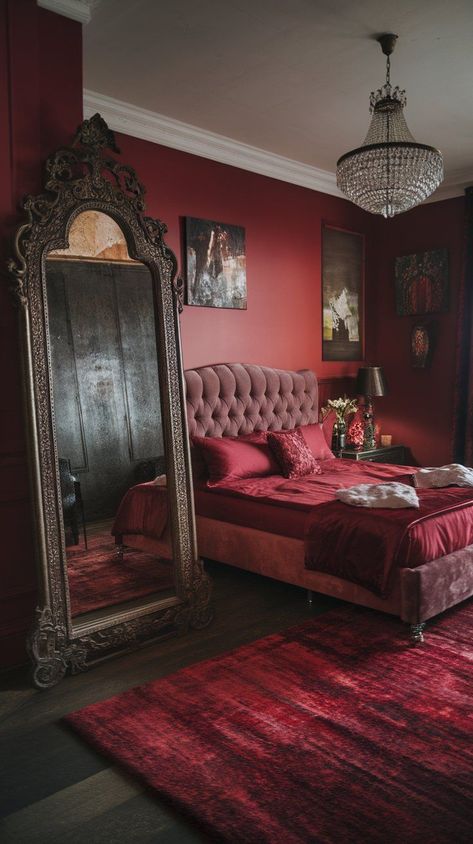 Inject modern style into your sleeping quarters with these innovative dark moody bedroom ideas. Perfect for those who love contemporary design. Dark Red Bedroom Decor, Red Gothic Bedroom, Deep Red Bedroom, Dark Red Bedroom Ideas, Dark Red Room, Color Drenching Bedroom, Dark Red Bedroom, Dark Room Aesthetic Bedroom, Romantic Goth Bedroom