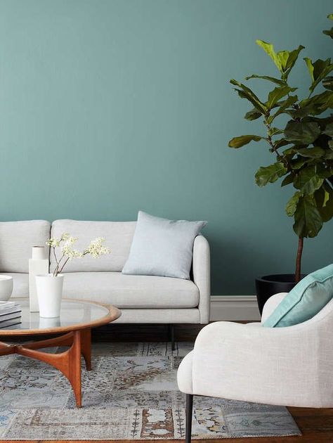 Paint a room in a blue green shade like this or one of these other colors for a soothing house. | 10 Calming Colors for a Serene Home Coral Pantone, Blue Green Paints, Blue Paint Colors, Green Paint Colors, Living Coral, Bedroom Paint Colors, Paint Colors For Living Room, Blue Living Room, Calming Colors