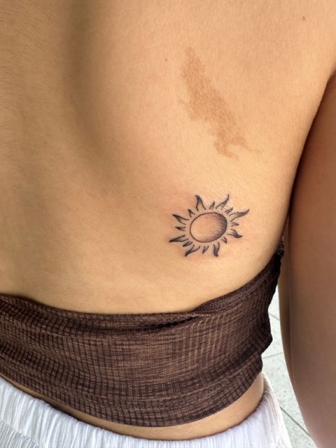 Star Tattoos Back Shoulder, Sun Tattoo Shading, Summer Sun Forever Tattoo, Elegant Sun Tattoo, Sun On Chest Tattoo, Shaded Sun Tattoo, Sun Tattoo On Ankle, Small Sunrise Tattoo, Sun Thigh Tattoo