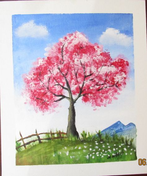 A bright cherry blossom Spring Tree Drawing, Cherry Blossom Acrylic Painting, Blossom Acrylic Painting, Cherry Blossom Acrylic, Kids Painting Class, Acylic Painting, Cherry Blossom Painting Acrylic, Landscape Drawing Easy, Color Pencil Sketch