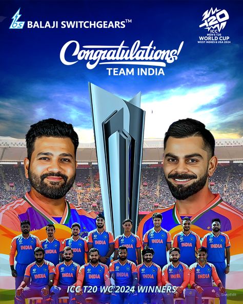 Balaji Switchgear’s heart swells with pride and joy as India secures a historic victory in the thrilling T20 World Cup final against South Africa!   The nation rejoices in this momentous win, celebrating the team's passion and unwavering determination. 🎉🏆🇮🇳   #Balajiswitchgears #BSPLIndia #IndiaWins #T20WorldCupChampions #CricketFever #ProudMoment #VictoryInOurVeins Team India, India Win, Blurred Background Photography, Diwali Images, T20 World Cup, General Knowledge Book, S Heart, World Cup Final, Background Photography