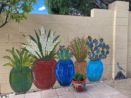 Murals in Albuquerque, New Mexico - Things on the Wall Painted Garden Sheds, Garage Mural, Exterior Wall Art, Outside Wall Art, Fence Painting, Arizona Backyard, Garden Mural, Arizona Landscape, Fence Art