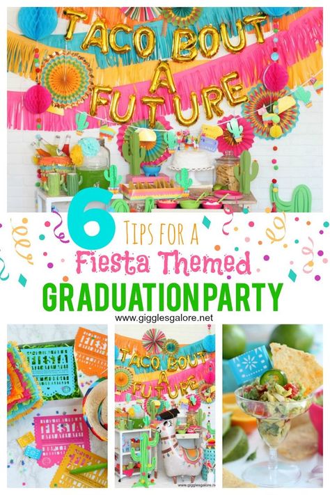 6 tips for a Fiesta Themed Graduation Party! #graduationparty #fiesta #partyideas #parties #graduation #gradparty Fiesta Senior Party, Taco Theme Graduation Party, Nacho Graduation Party, Final Fiesta Graduation Party, Taco Bout A Future Graduation Party, Fiesta Theme Graduation Party Ideas, Taco About A Future Graduation Party, Kindergarten Graduation Party Themes, Graduation Party Mexican Theme