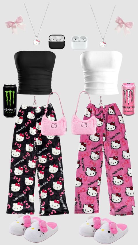 Hello kitty matching outfits Pajama Party Outfit Ideas, Pajama Party Outfit, Kuromi Clothes, Hello Kitty Matching, Cutesy Outfit, Bff Matching Outfits, Fashion Dress Up Games, Matching Outfits Best Friend, Kitty Clothes