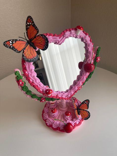 This cake is perfect for bathroom selfies, on a cute shelf or on a vanity <3 Products used: lightweight spackle, acrylic paint, mirror,  Dimensions: 9.7"L x 5.8"W Clay Mirror Decor, Plant Mirror Decor, Cake Room Decor, Cute Vanity Mirror, Painting Mirrors, Mirror Cakes, Cake Mirror, Paint Mirror, Cute Shelf