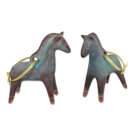 UNICEF Market | Antiqued Celadon Ceramic Christmas Ornaments (Pair) - Horses of Winter Celadon Ceramics, Turquoise Glaze, Antique Turquoise, Visit Thailand, Two Horses, Yellow Satin, Ceramic Techniques, Satin Ribbons, Ceramic Christmas