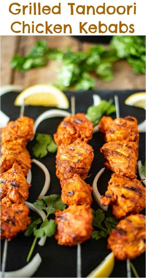 Grilled Tandoori Chicken Kebabs brings everyones favorite tandoori Indian dish into our own kitchens. Chicken is marinated in yogurt and  delicious Indian spices then grilled to achieve the closest flavor you can get without a tandoor oven. #tandoorichicken #grilled #indian Tandoori Chicken Marinade, Grilled Tandoori Chicken, Tandoori Recipes, Tandoor Oven, Chicken Kebab Recipe, Doner Kebab, Kabob Recipes, Chicken Kabobs, Kebab Recipes