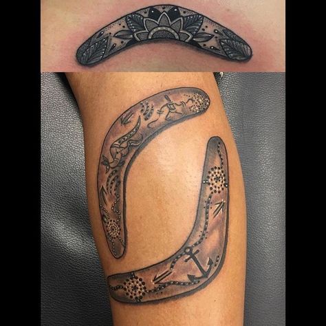 boomerang tattoo Boomerang Tattoo Design, Australian Tattoo Ideas, Australia Tattoo Ideas, Boomerang Tattoo, Australia Tattoos, Aussie Tattoo, Table Saw Push Stick, Men's Tattoo Ideas, Paintings History