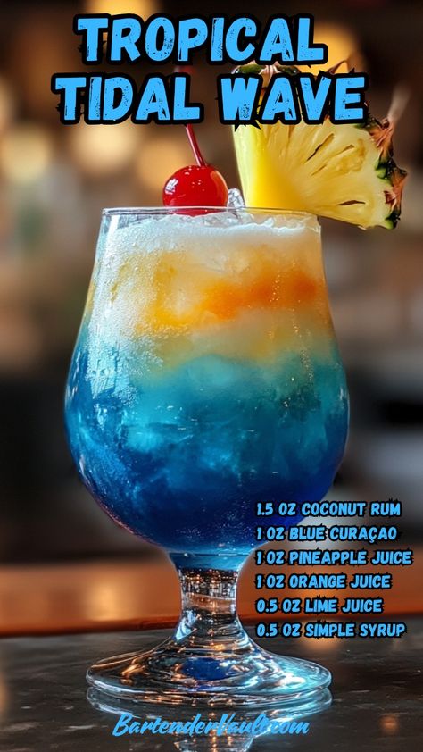 Looking for a fun and delicious blue cocktail to wow your guests? The Tropical Tidal Wave is the perfect choice! This vibrant blue cocktail combines coconut rum, pineapple, and orange juice with the bright flavor of blue curaçao for a refreshing tropical twist. Garnished with a slice of pineapple and a cherry, this visually stunning drink is as fun to look at as it is to sip. Whether you're hosting a summer party or just want to enjoy a vacation in a glass, this blue curacao drink is the perfect blend of fruity and tropical flavors! Keywords: blue cocktails, blue cocktail recipe, blue alcoholic drinks, blue drinks alcohol, rum cocktails, blue curacao drinks. Ocean Drinks Alcohol, Ocean Themed Alcoholic Drinks, Frozen Coconut Rum Drinks, Orange And Blue Cocktail, Beach Water Cocktail, Mixed Drink Recipes Alcoholic, Blue Curacao Mocktail Recipe, Blue Coconut Cocktail, Coconut Rum Cocktail Recipes