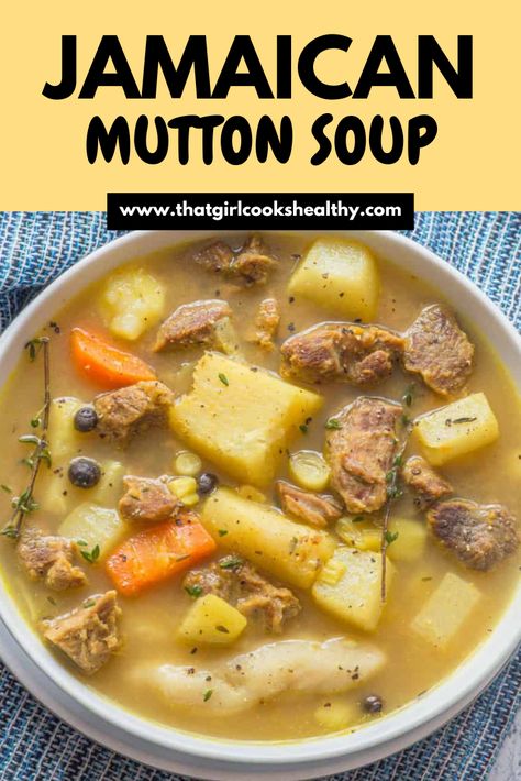 Jamaican-style Mutton Soup close up in a white bowl. Jamaican Mutton Recipes, Jamaican Saturday Soup, Saturday Soup Jamaican, Manish Water Soup, Jamaican Manish Water Soup, Jamaican Goat Soup Recipes, Goat Soup Recipes, Jamaican Dumpling Soup, Mutton Soup Recipe